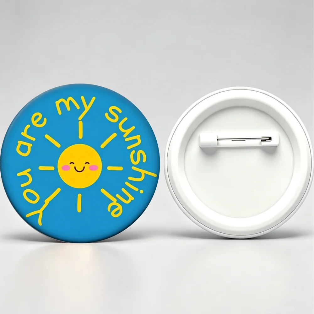 Cartoon Tinplate Badge 58mm Round Brooch Pin, You Are My Sunshine Smiling Sun Lapel Pin, Blue Background Decor Gift
