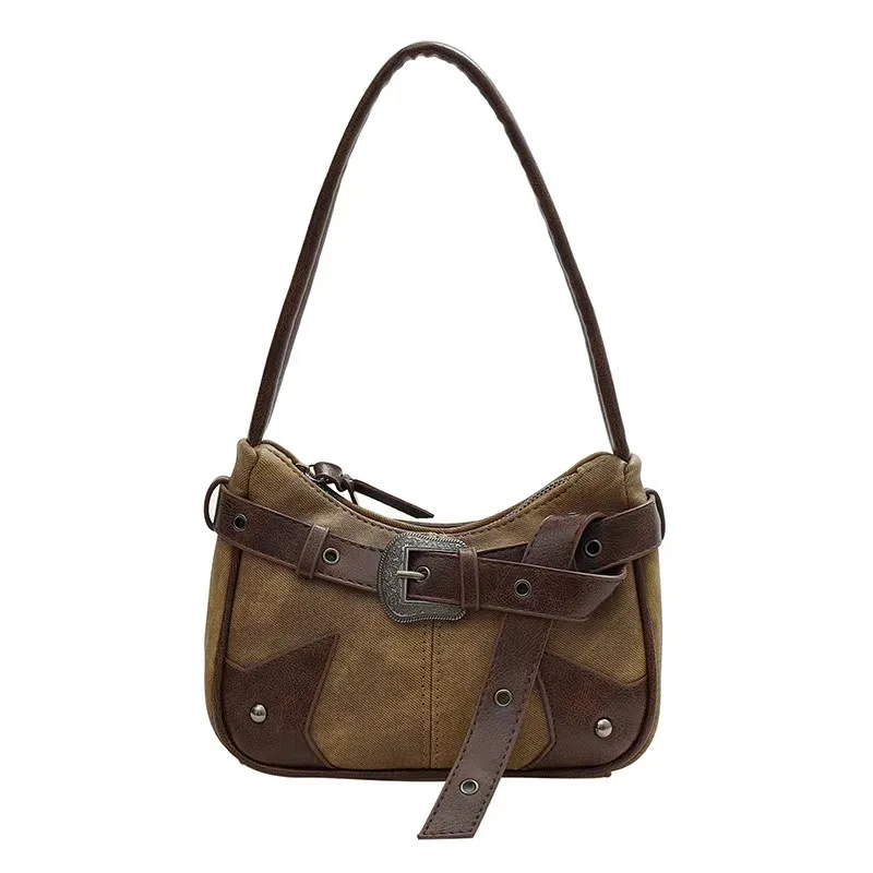 

Female Trendy Vintage Underarm Bag High Quality Punk Style Ladies Shoulder Bag PU leather Solid Color Small Zipper Tote Handbag