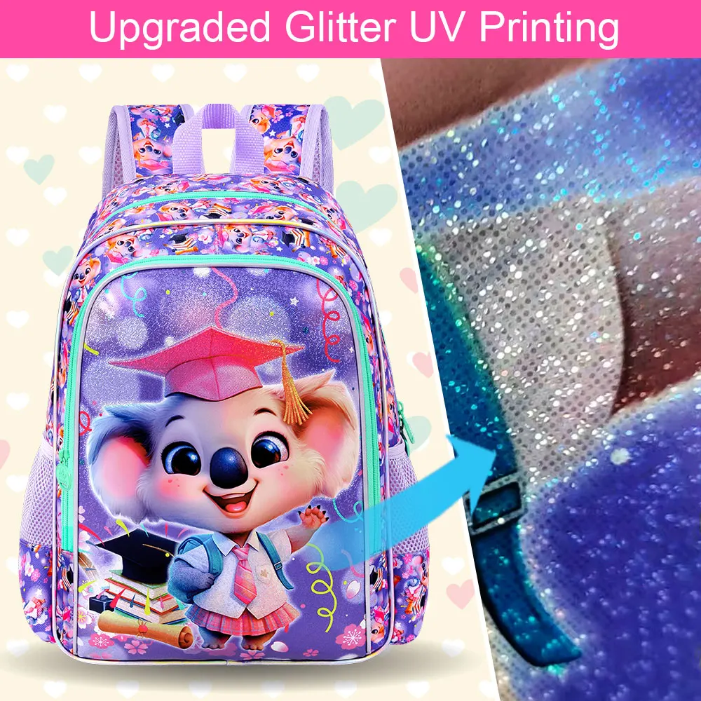3-teilige Koala-Büchertasche für Mädchen, 40,6 cm großer Kinderrucksack mit Lunchbox, Grundschul-Schultasche für Kleinkinder – Lila Dr. Koala