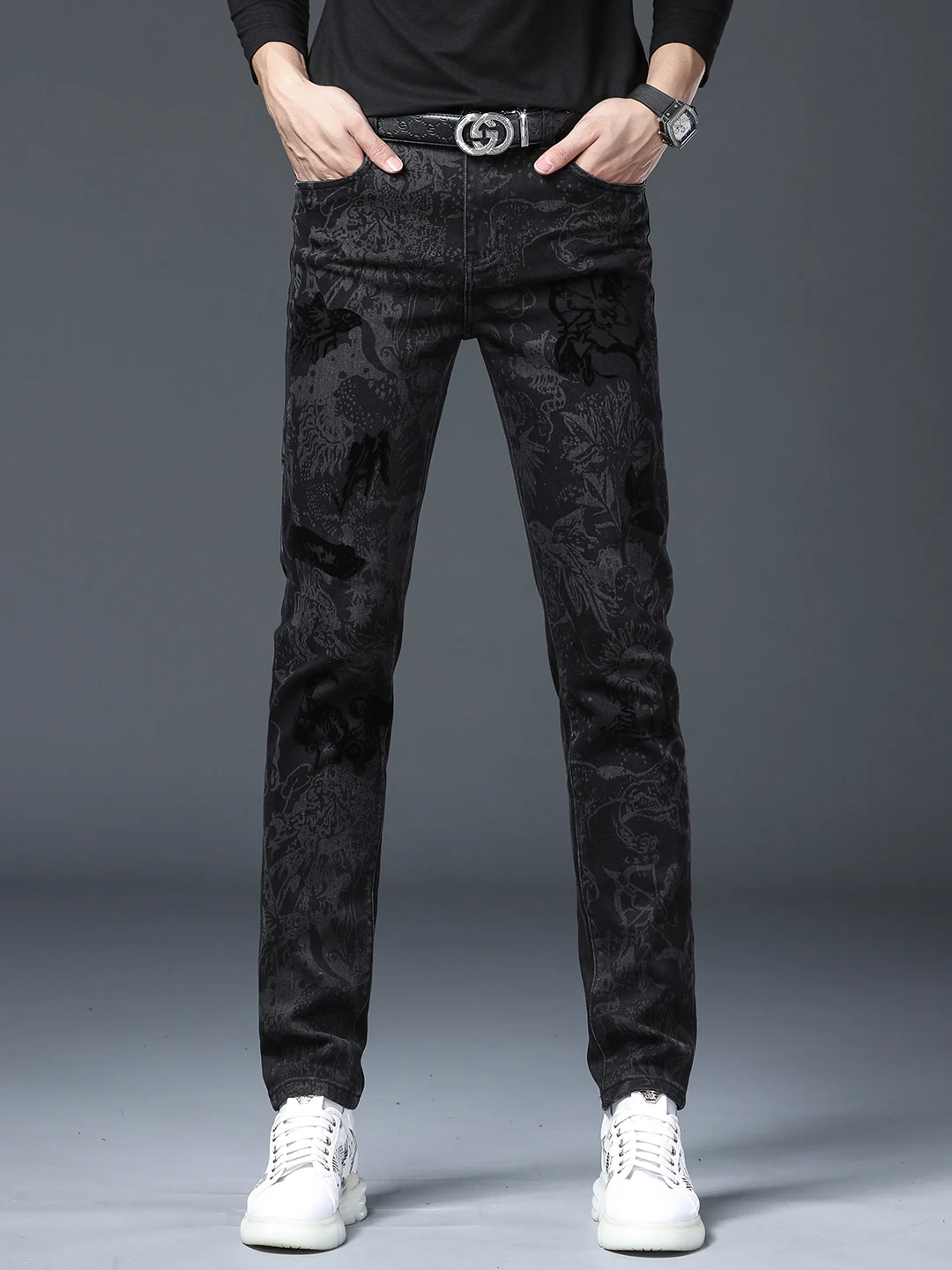 

High-End Fashion Men's Black Printed Slim Fit Jeans Casual Versatile Long Pants Autumn Winter Cotton Stretch Denim