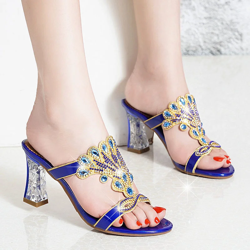 Summer New Fashion Women's High-heeled Slippers Open-toe Sandals Personalized Diamond Crystal Thick Heel Shoes