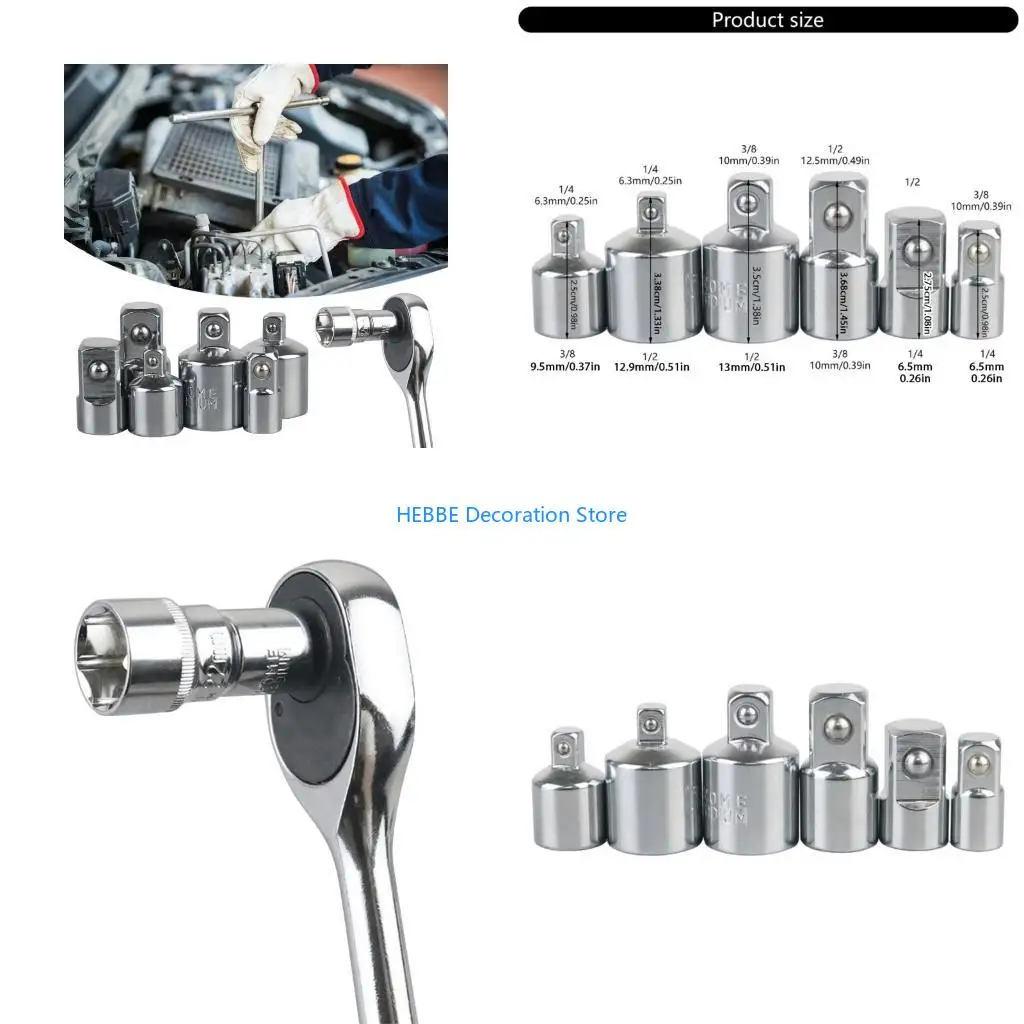 B0KC 6Pcs Socket Adapter Set 1/4inch to 3/8inch 3/8inch to 1/4inch 3/8inch to 1/2inch