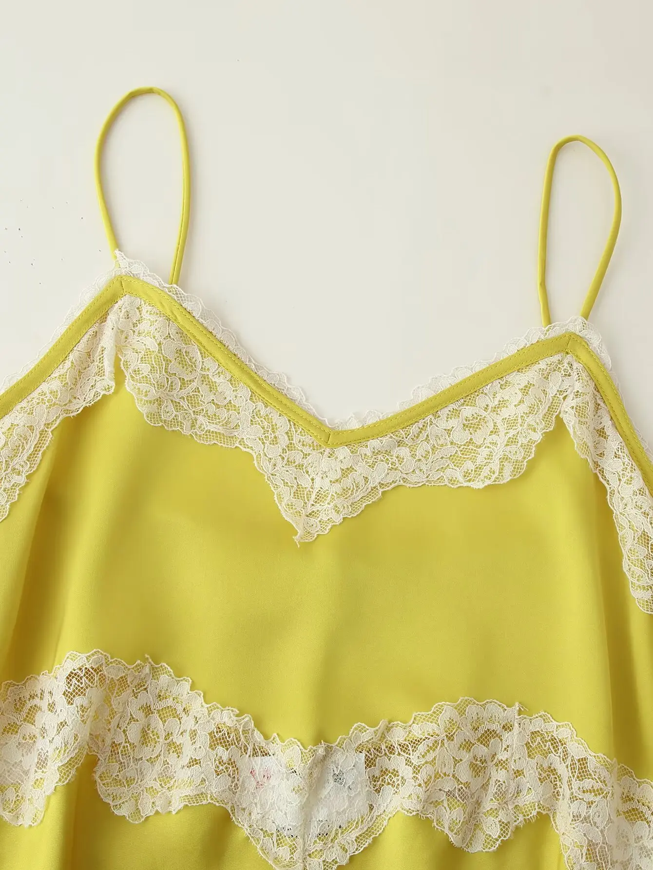 Women's Yellow Satin Midi Dress with Spaghetti Straps Summer Elegant Style with Lace Panels, Sleeveless Evening Party Dress