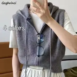 Cropped Hooded Sweater Vests Women BF Harajuku Streetwear Chic Fashion Korean Style Spring Sleeveless Knitwear Students Popular