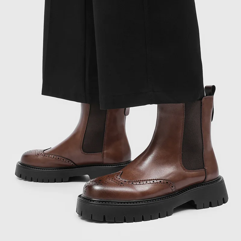 

Мужские повседневные высокие ботинки «Челси» большого размера, туфли-броги без шнуровки с резной отделкой, ковбойские ботинки из натуральной кожи, красивые длинные ботинки на платформе