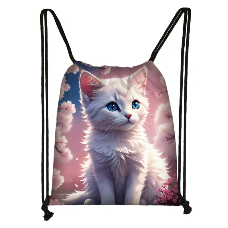 Animal Cat Cherry Blossom Japan Print Drawstring Bag Student Bookbags Women Storage Bags for Travel Portable Shoe Holder Gift