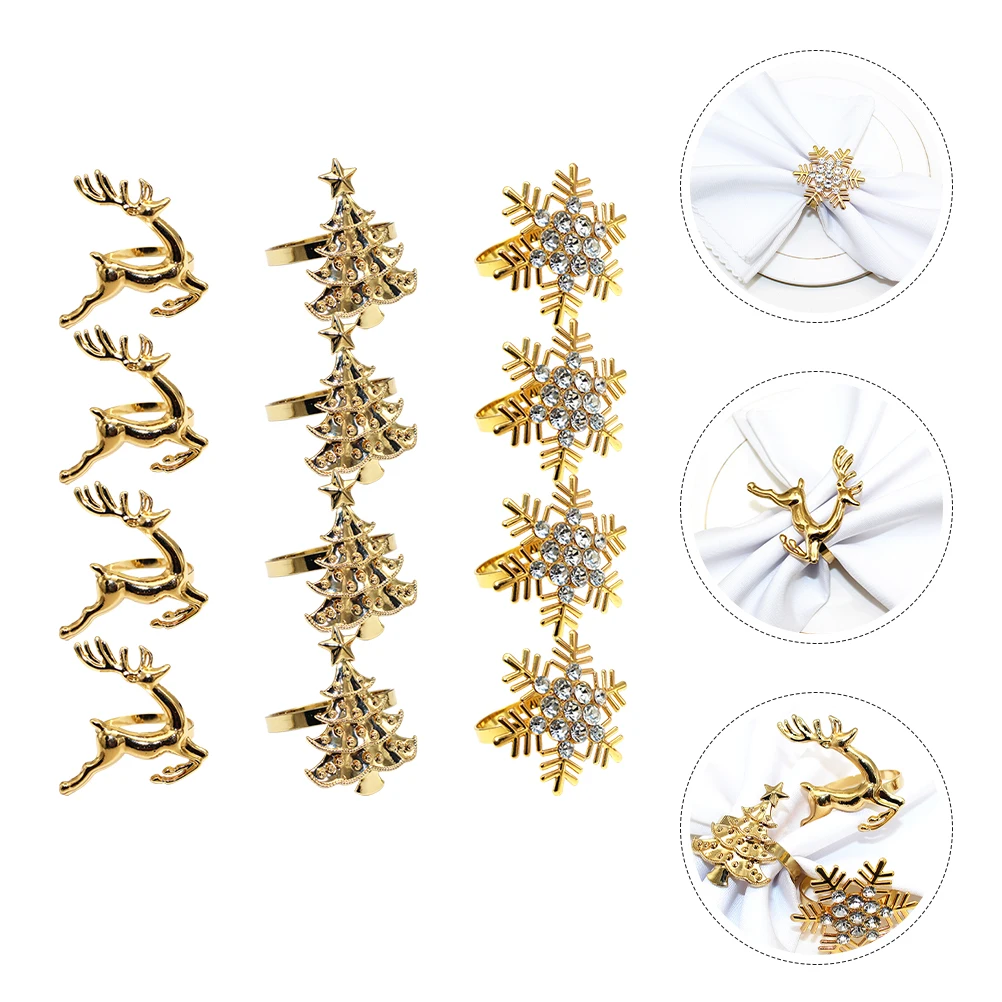 

12Pcs Christmas Deer Napkin Rings Alloy Delicate Napkin Buckles Decorative Table Dining Decors Party Holiday Dinner