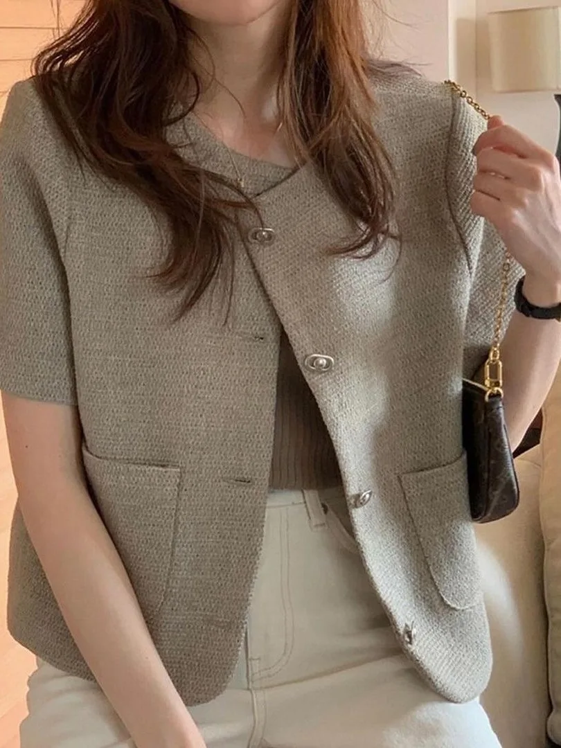 

Chic Summer Vintage round Neck Button up Loose Women's Short Sleeve Coat Stylish Casual Outerwear with Pocket in China