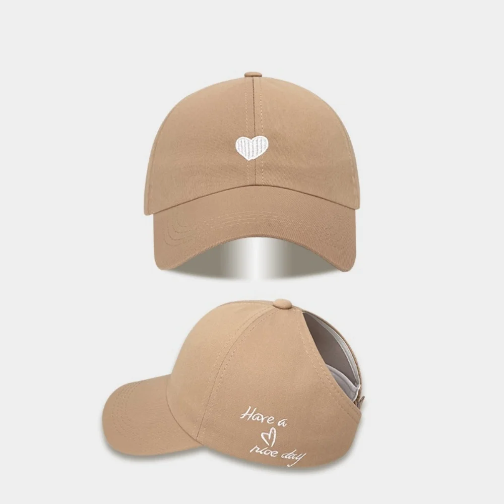 Embroidered Love Heart Design Baseball Cap Hollow Empty Top High Ponytail Caps Adjustable Solid Color Sun Hat for Women Girls