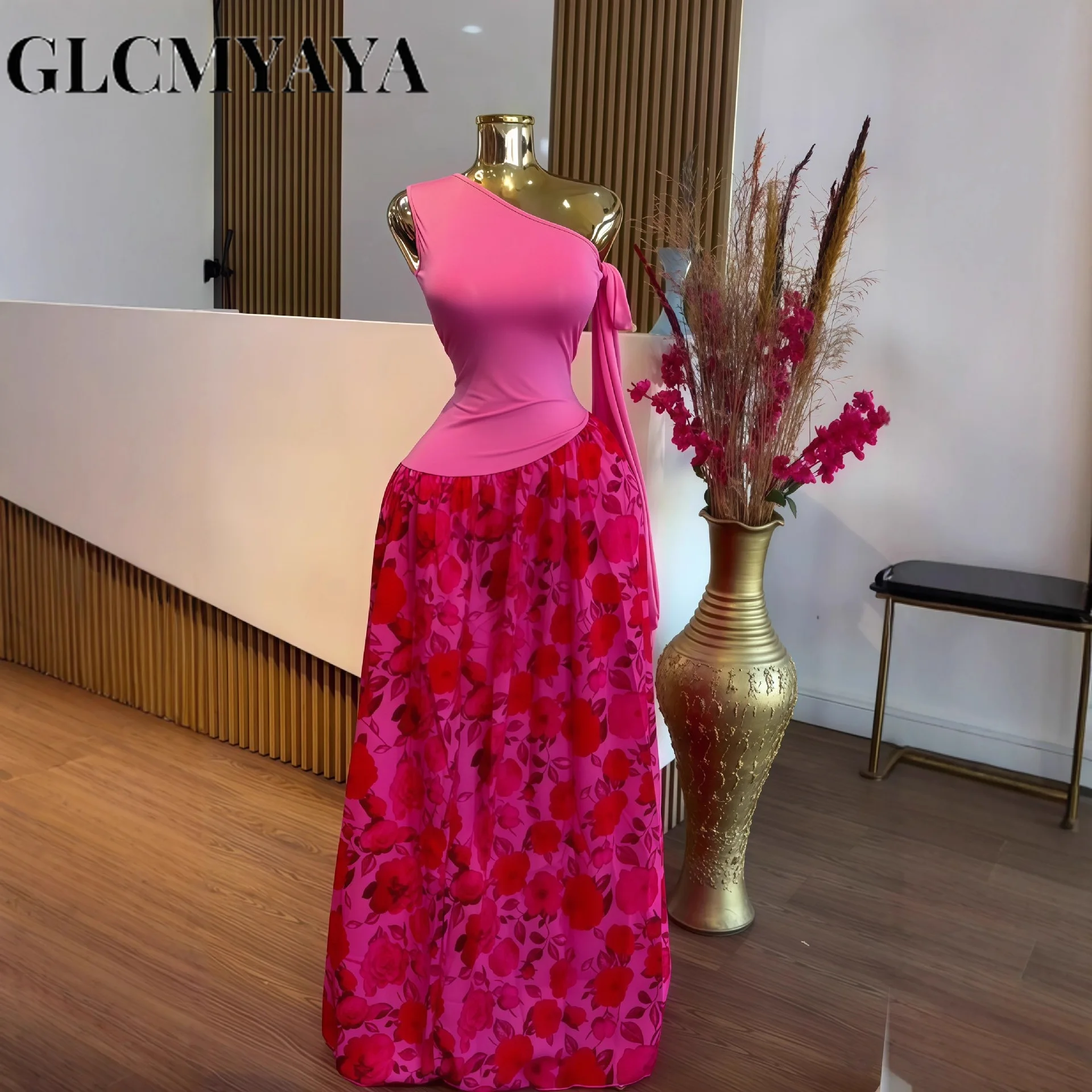 GLCMYAYA المرأة واحدة Bowknot الكتف بلا أكمام الأزهار المطبوعة ماكسي فستان طويل 2025 عطلة مثير نادي الحفلات فساتين Vestidos