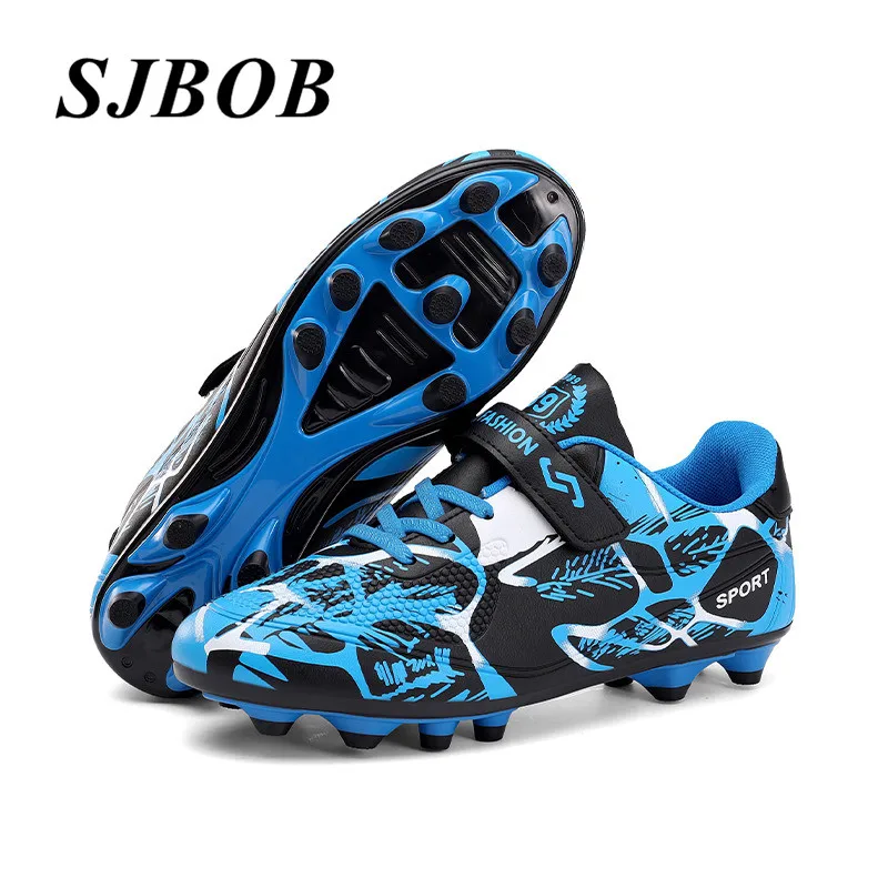 

Cheap Blue Kids Football Boots Hook Loop Leather FG Boy Soccer Shoes Light Anti-Slip Futsal Soccer Shoes For Youth Tenis Hombres