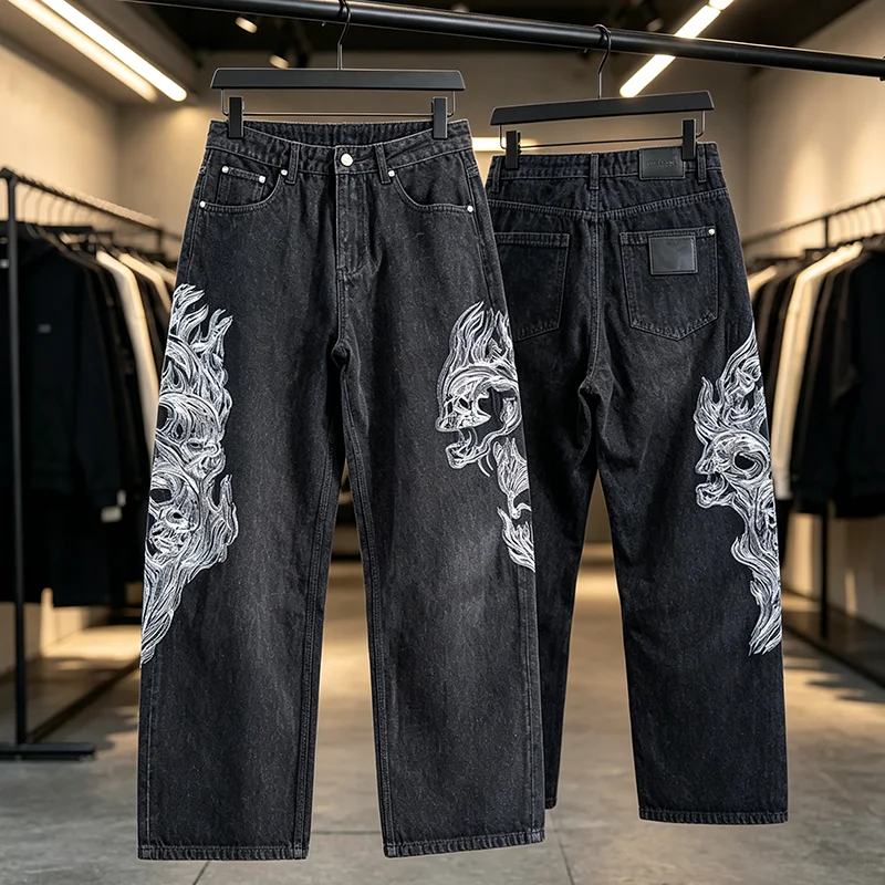 2026 New Unisex Streetwear Baggy Jeans Dark Denim Skull Beast Art Embroidery Decor Wide Leg Trousers