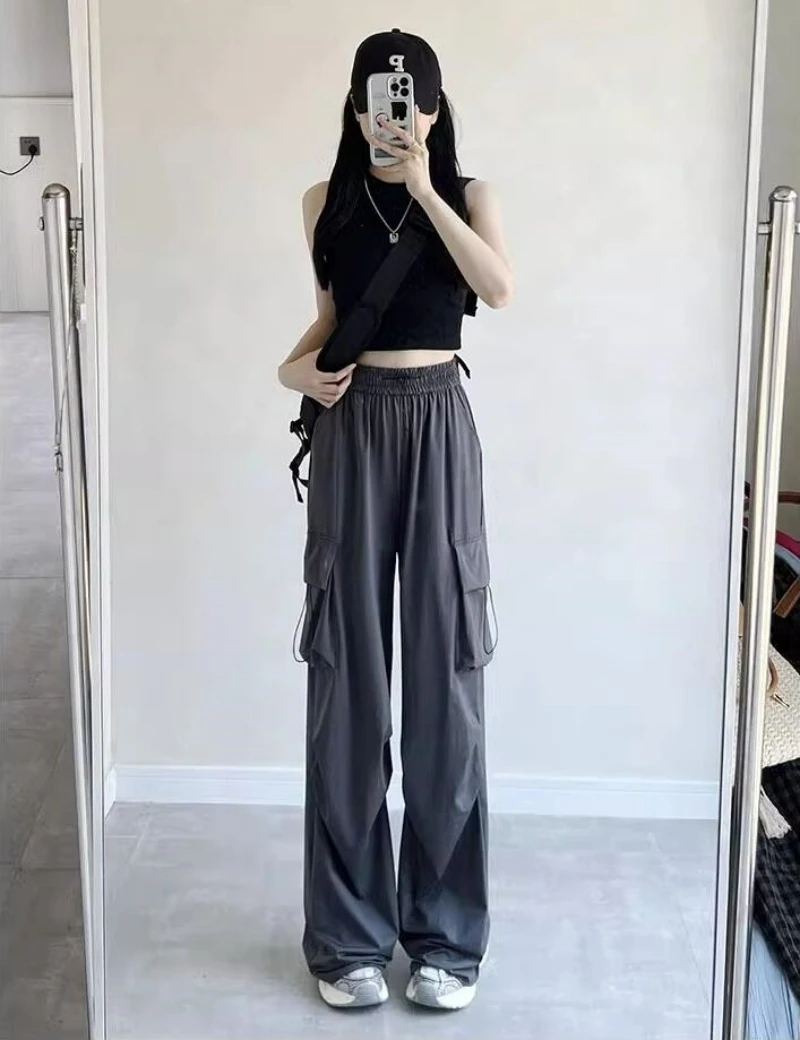 

Autumn Winter black white Cargo Pants Women Vintage Streetwear Oversize Wide Leg Parachute Trousers Female Korean Fashion