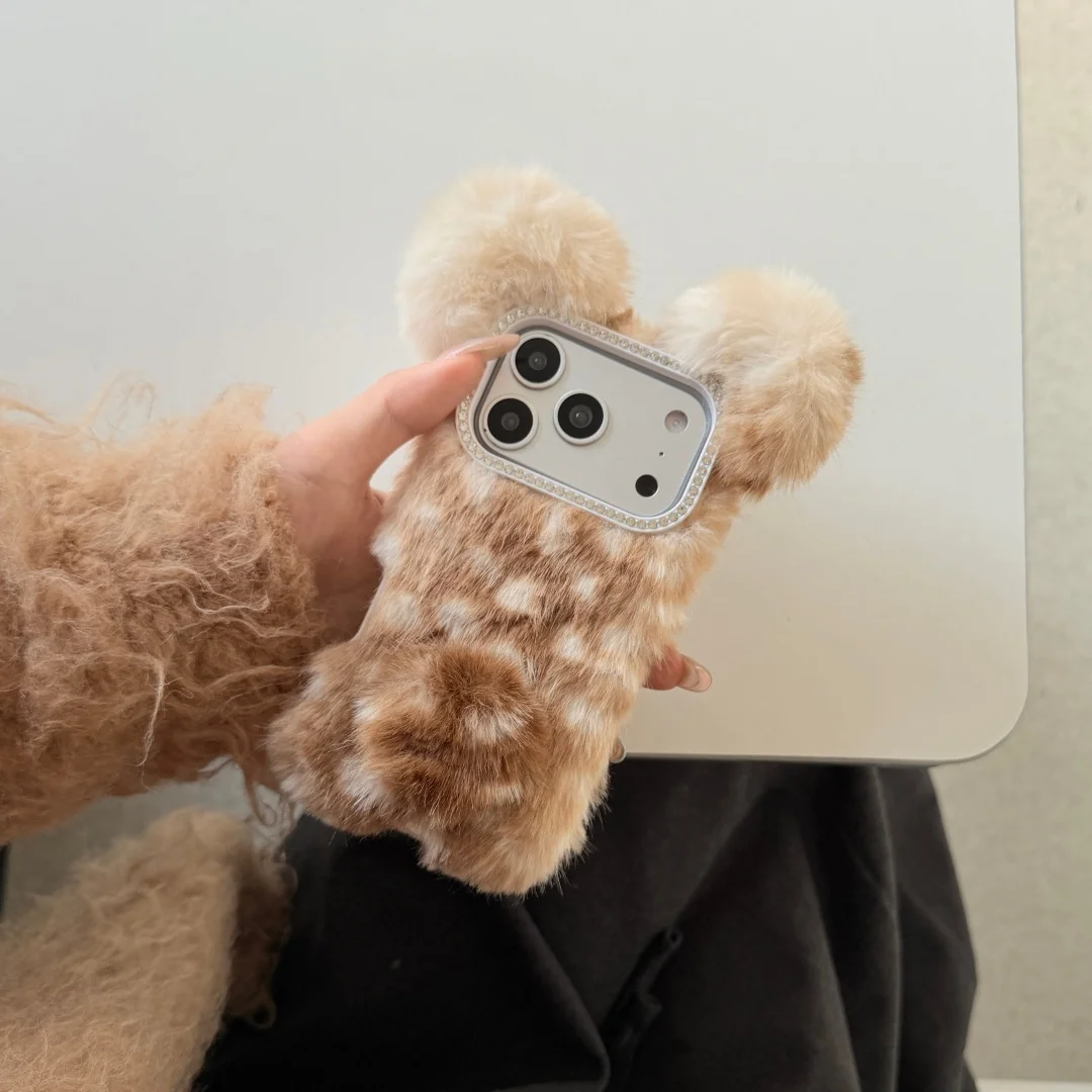 Cute 3D Bear Ears Fluffy Fur Phone Case For iPhone 17 16 15 14 13 12 11 Pro Max Plus 17promax Cartoon Plush Cover Shell