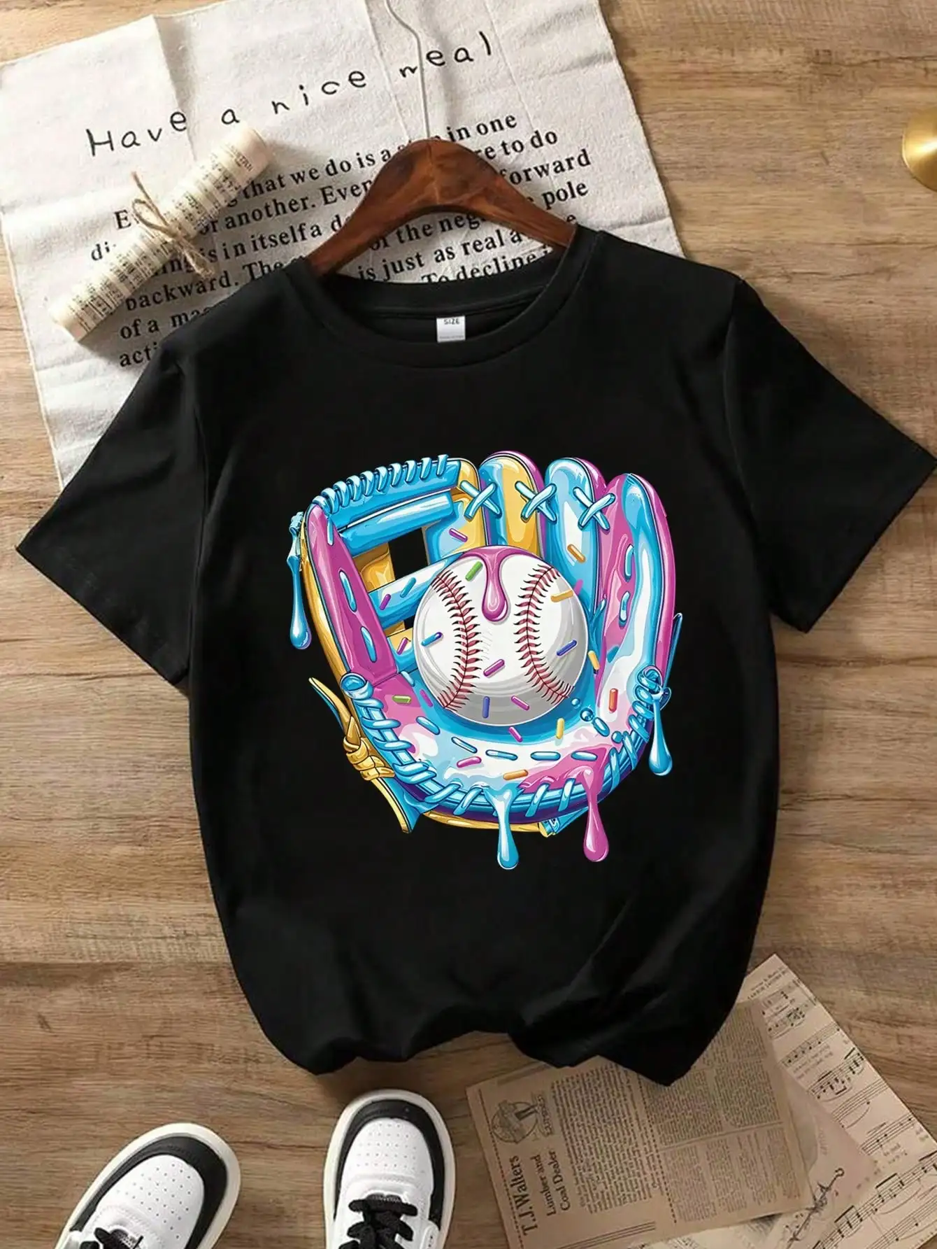 Kaus Grafis Katun Bisbol Anak Laki-Laki Tween, Atasan Musim Panas Desain Hitam Cerah Dengan Karya Seni Bisbol Warna-warni