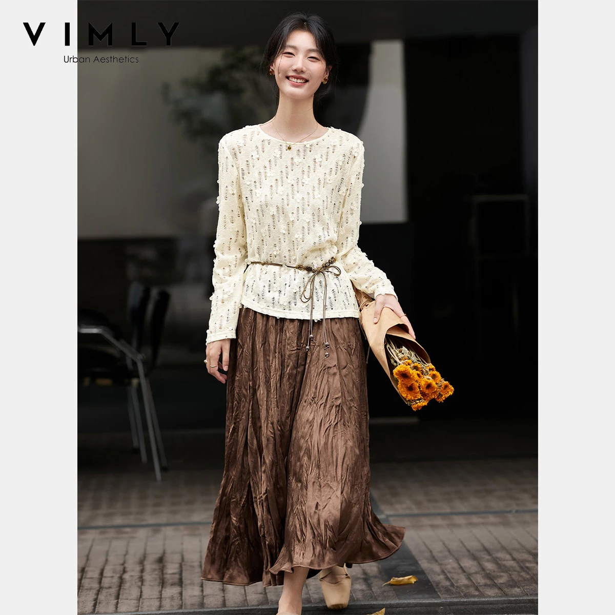 VIMLY Set 2 Potong Pakaian Wanita Atasan Rajut Berlubang Motif Bunga Model French Hook Rok Maxi Lipit Model Bud Musim Gugur 2025 Set Rok Wanita A3009