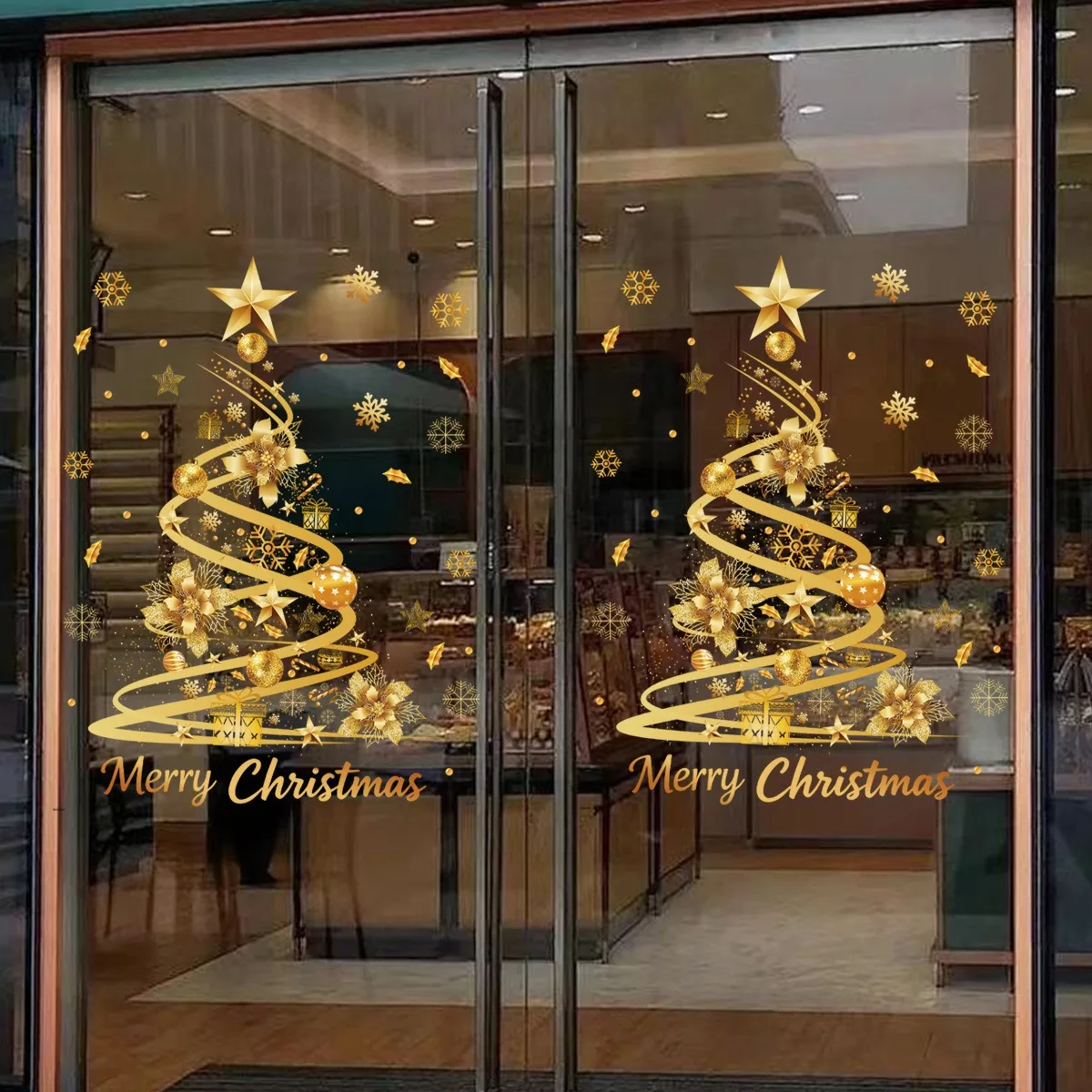 

Christmas Gold Tree Star Window Cling Static Sticker Holiday Glass Door Decor Festive Decal