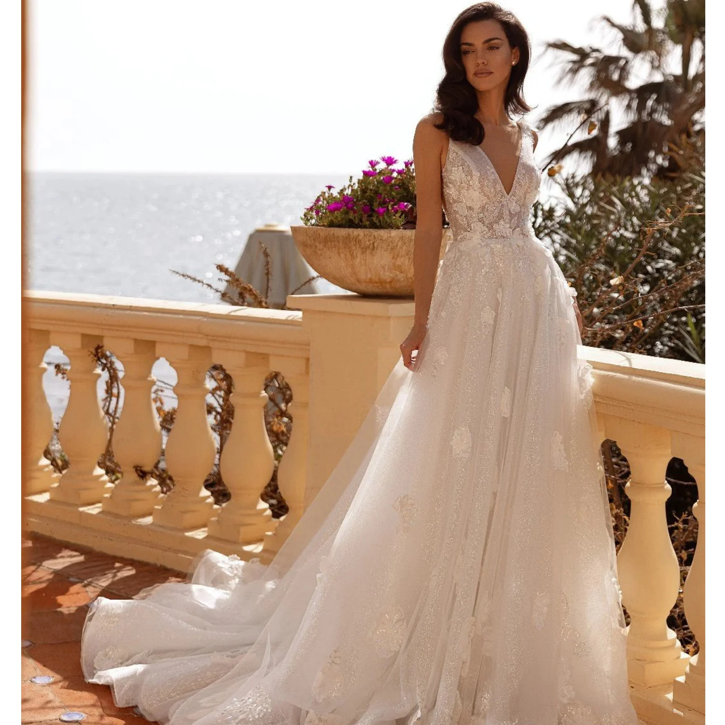 

New Shiny Wedding Dresses for Women A Line Vneck Appliques Vestido de Novia Sleeveless Sequined Customized Robes de mariée