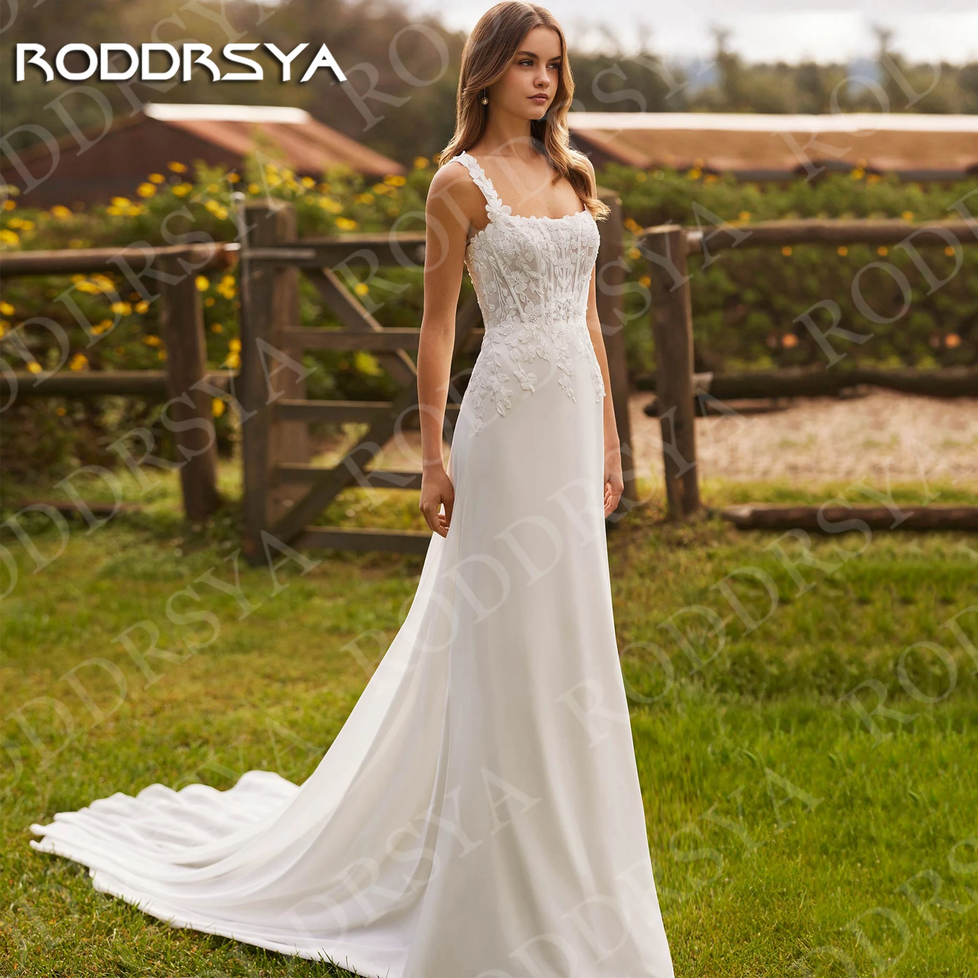

RODDRSYA Boho Mermaid Wedding Dresses Spaghetti Straps Lace Appliques Chiffon Bridal Dress Sleeveless Customized robe de mariée