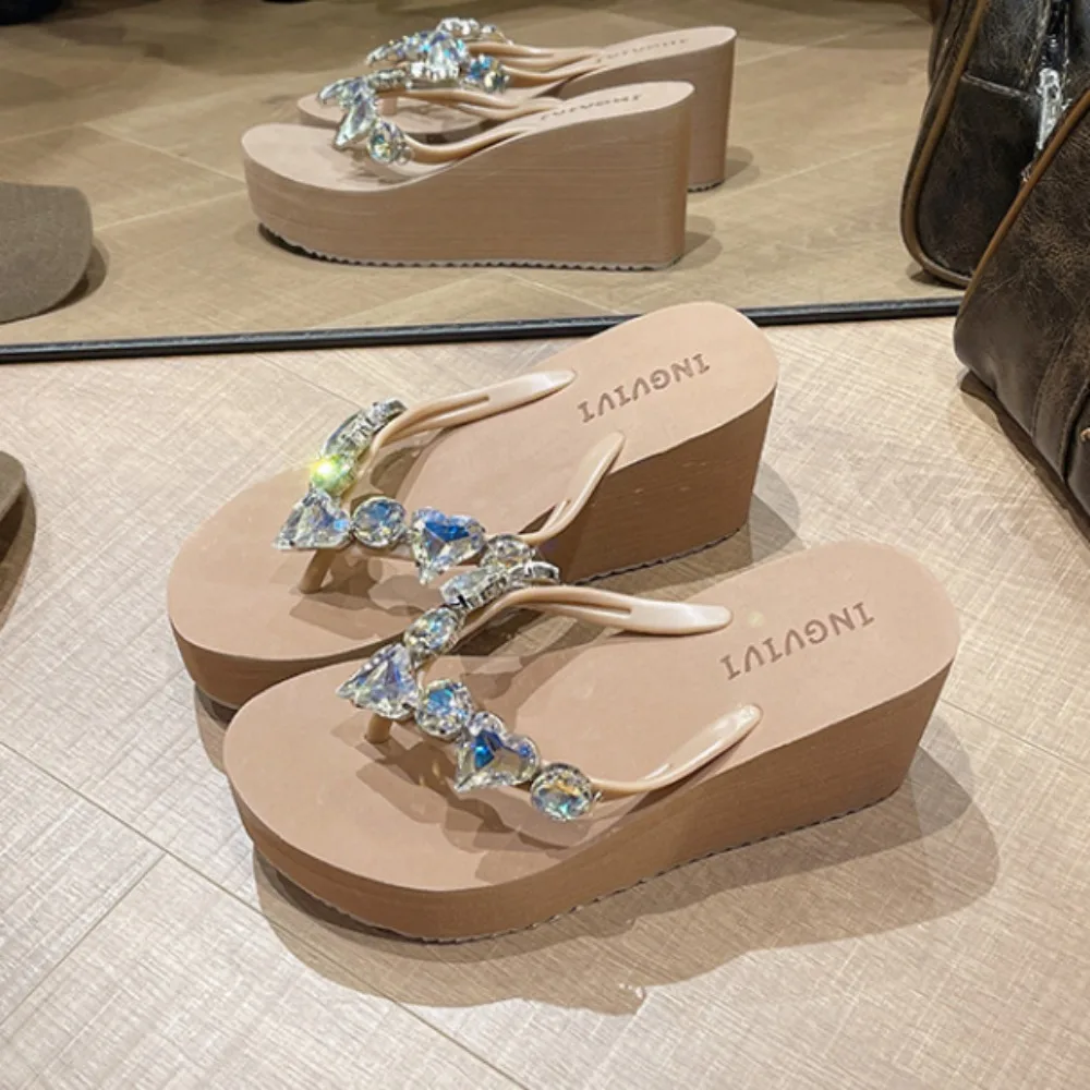 Rhinestone Flip Flops Women's Summer 7.5cm Slope High Heel Non Slip Outer Wear Fashionable Height Enhancing Cool Slippers Women