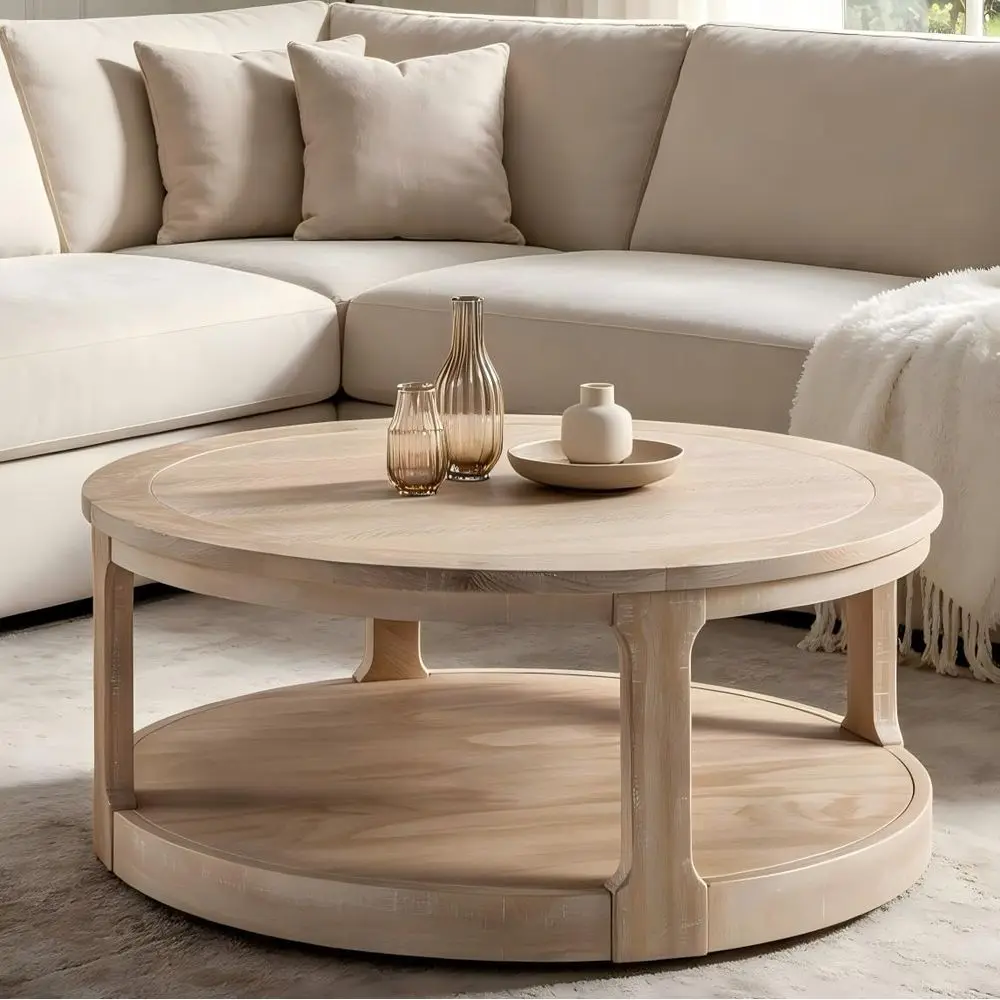 

40 Round Coffee Table, 2-Tier Solid Wood Center Table for Living Room, Modern Accent Table, Suitable for Home or Office, Oak Fin