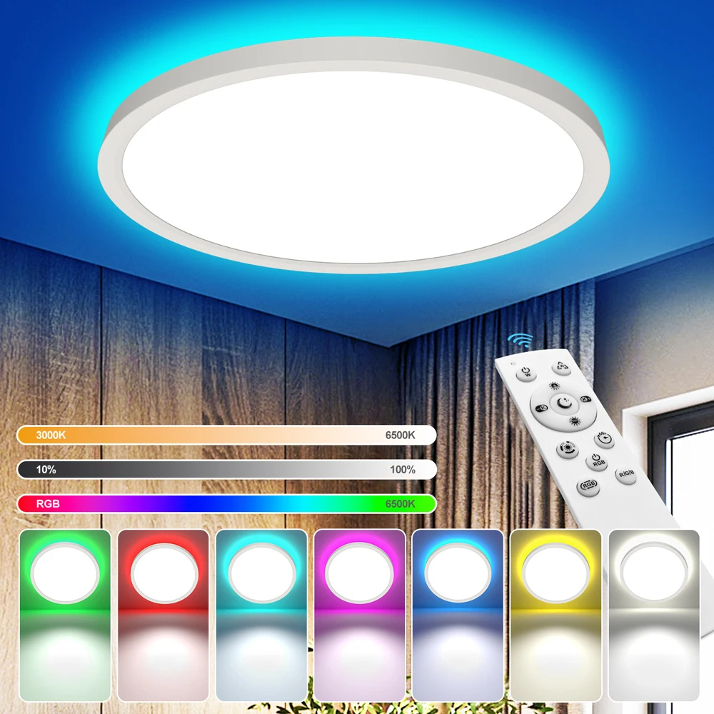 Modern RGB Led Flush Mount Ceiling Light with Remote Control 11.8 Inch 24W 2400LM 3000-6500K Dimmable Round White Ceiling Lamp