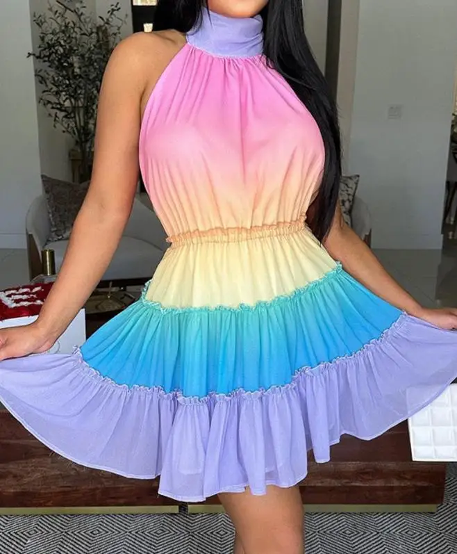 

Women's fashionable and elegant rainbow color blocked dress 2024 summer new Ombre Halter backless ruffle edge mini skirt