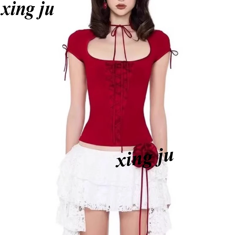 Kpop Summer Korean Singer Jennie Red Hollow-Out Round Neck Vest Sexy Lace-up Short Sleeve Crop Tops Jazz Dance Stage Costumes