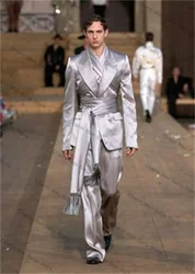 Silver Satin Men Suits Set 2 Piece Blazer+Pant Trousers With Belt Customized Wedding Tuxedo Formal Office Prom Jacket Coat