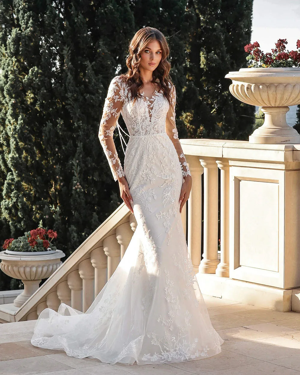 

Msikoods Luxury Lace Long Sleeve Wedding Dress Mermaid Illusion Backless Bridal Dress Applique Formal Wedding Gown Customizd