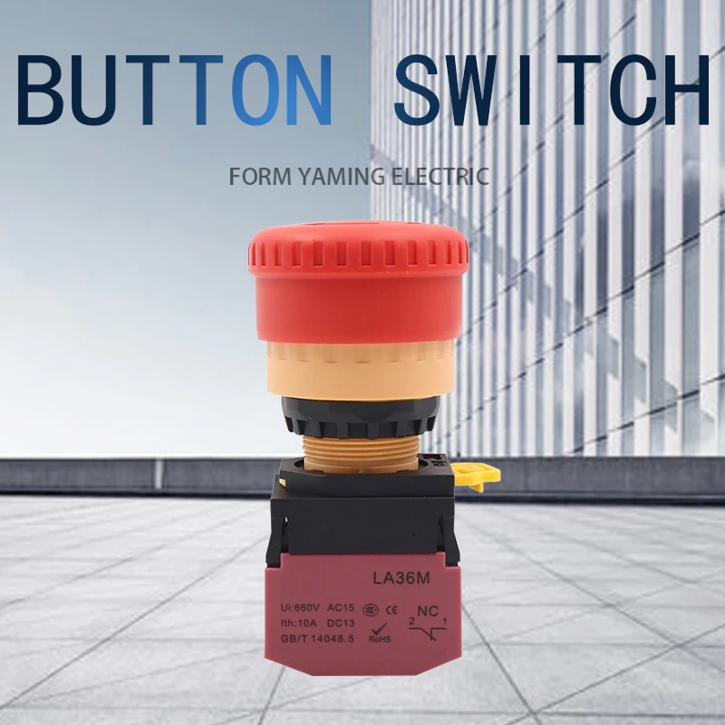 22mm Latching Lock Push Button Switch Elevator Emergency Stop LA36M-11ZS Red Mushroom Power Supply NO NC Silver Contact 10A