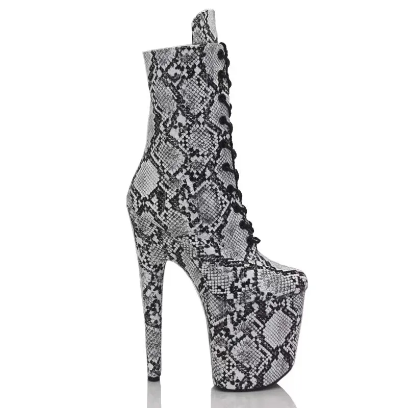 20cm snake patterned light purple super high heels steel pole dance boots Lace up fashion nightclub performance high-heeled boot