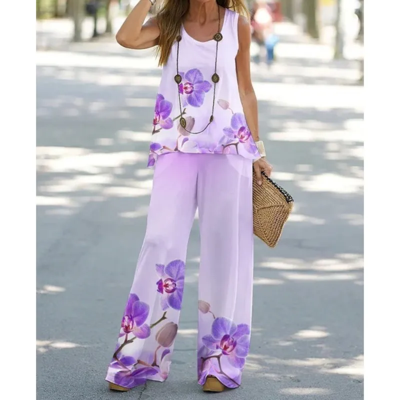 2024 Women 2 Piece Set Outfit Spring Autumn Casual Looes Comfortable New Floral Print Sleeveless O-neck Tops And Long Pantalones