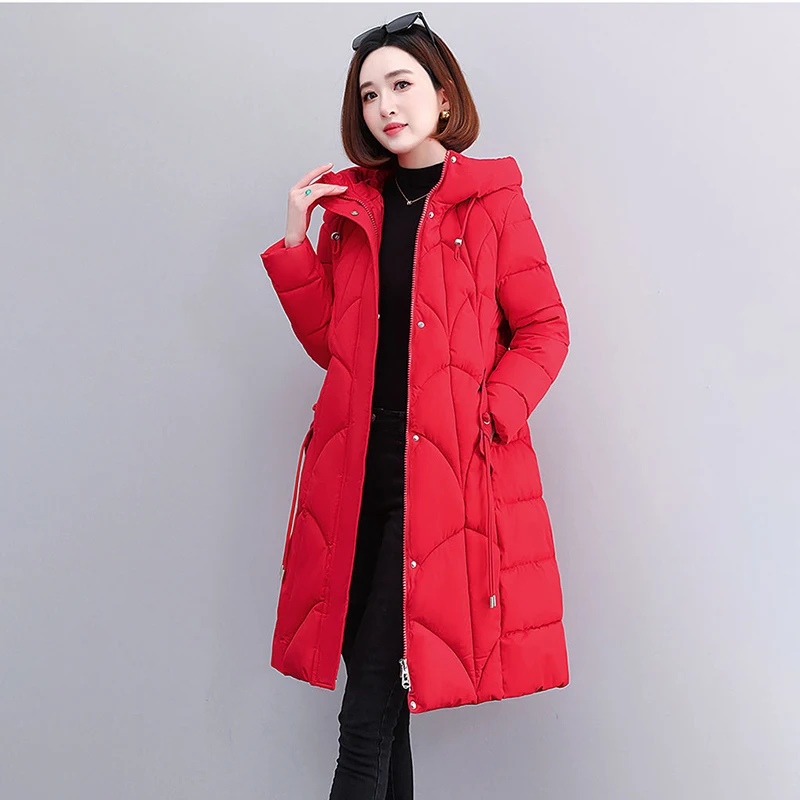 Winter Eiderdown Cotton-padded  Feminine Temperament Long Knee-length Cotton-padded Clothes  New Belt Waist Slimming Coat