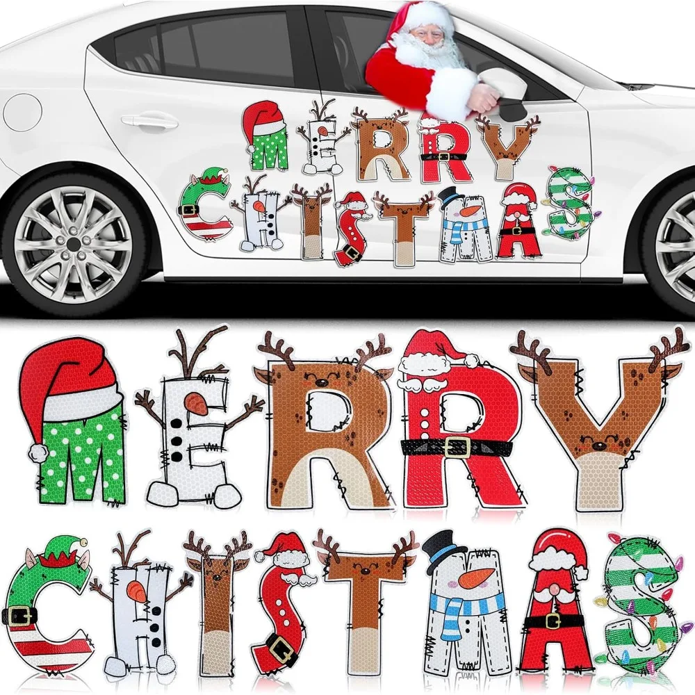 Pack of 14 Christmas Reflective Car Tiles Merry Christmas Letters, Large Reflective Tiles