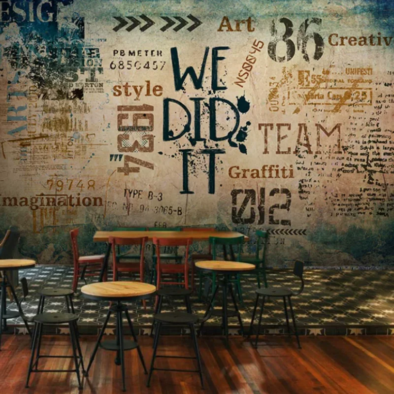 Custom Clothing Letter Graffiti Wallpaper European Retro Cement Industrial Style Bar Milk Tea Shop Living Room Background Mural