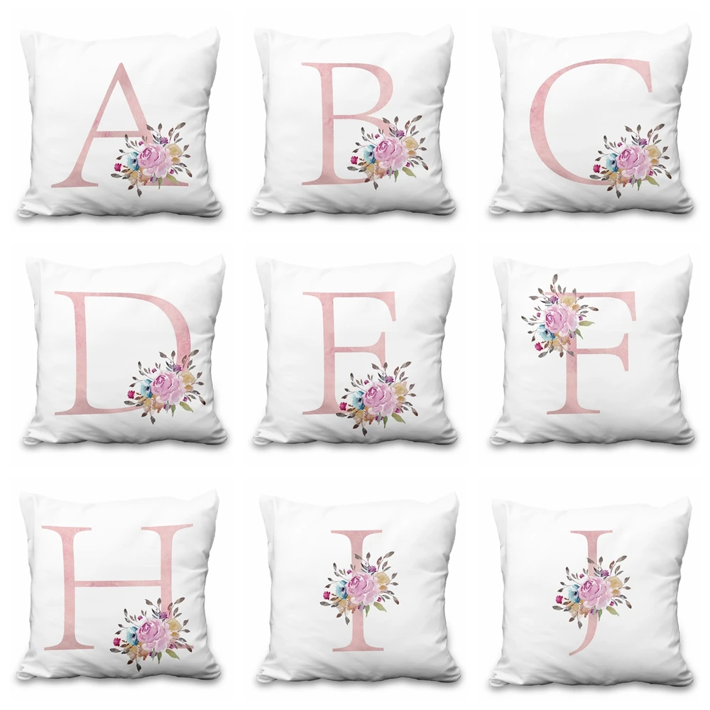 Pink Flower Letters Pillow Case Floral 26 Alphabet Pillowcase Home Decorative Throw Cushion Cover for Sofa Living room Bedroom