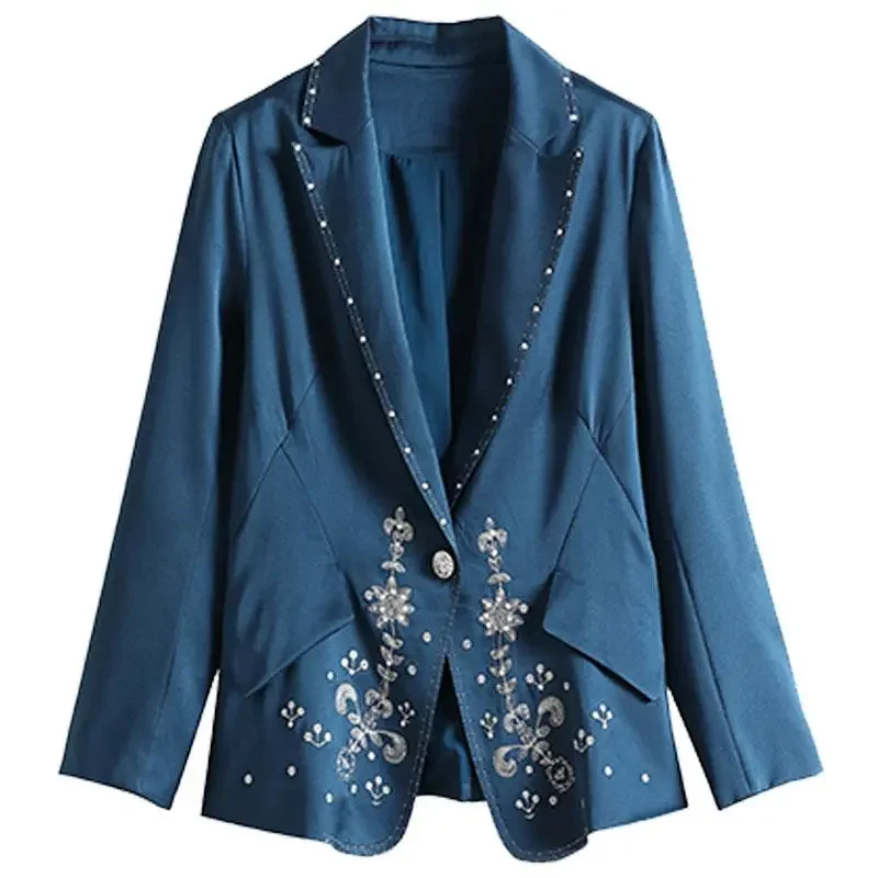 Heavy Industry Embroidery Blazer Jacket Women\'s Spring And Autumn New Temperament Satin Finish Elegant Short Jacket Coat  Blue