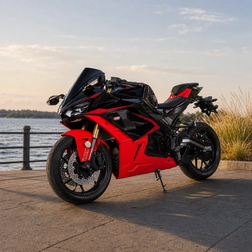 Black Red Enclosed Electric Sport Motorcycle With Full Fairing Twin Headlights and Disc Brakes