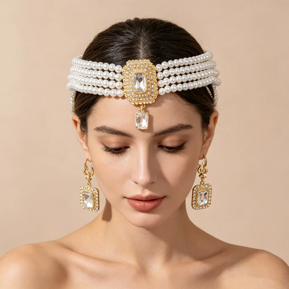 Arabian Traditional Pearl Bridal Headwear Multi-Layered Beaded Hair Accessory Embedded with Rhinestones for Ladies