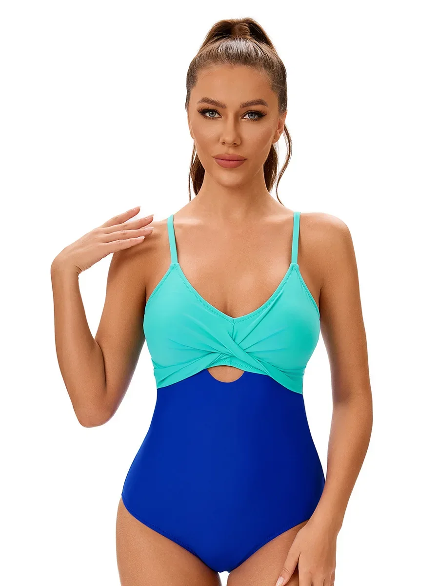 กีฬาบิกินี่ผู้หญิง One Piece ชุดว่ายน้ําสีทึบ Patchwork เอวสูง Hollow Out Monokini V คอ Suspender ชุดว่ายน้ําเปลือย