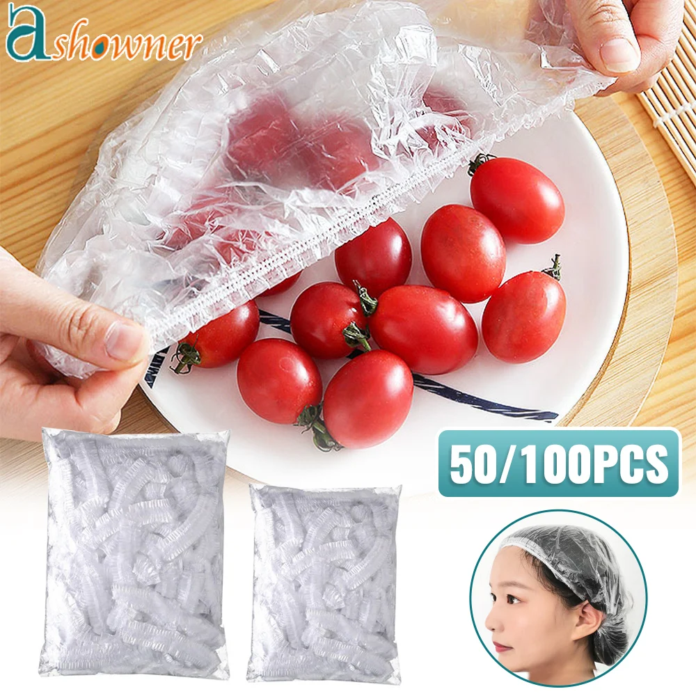 50/100PCS Disposable Food Cover Plastic Wrap Elastic Food Lids For Fruit Bowls Cups Caps Storage Kitchen Fresh Keeping Saver Bag