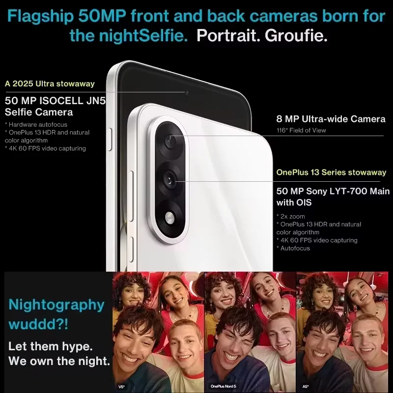 Versión Global del Teléfono Inteligente OnePlus Nord 5 5G, 8GB+256GB/12GB+512GB, Snapdragon 8s Gen 3, Android 15, 6800mAh, 80W, Wi-Fi 6, NFC 7