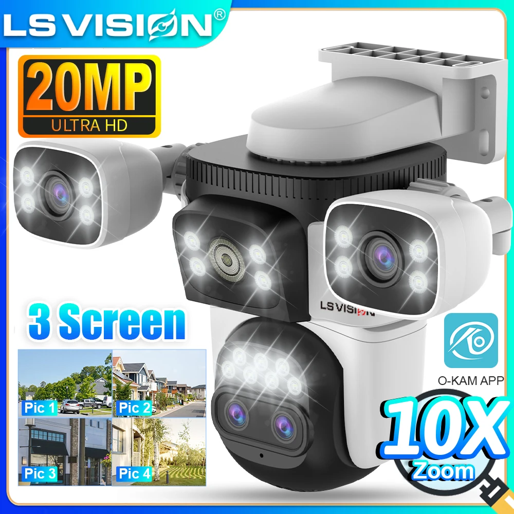 

LS VISION 20MP WiFi Security Camera Outdoor 10X Optical Zoom Three Screens Four Lens CCTV Cameras Human Detection Auto Tracking