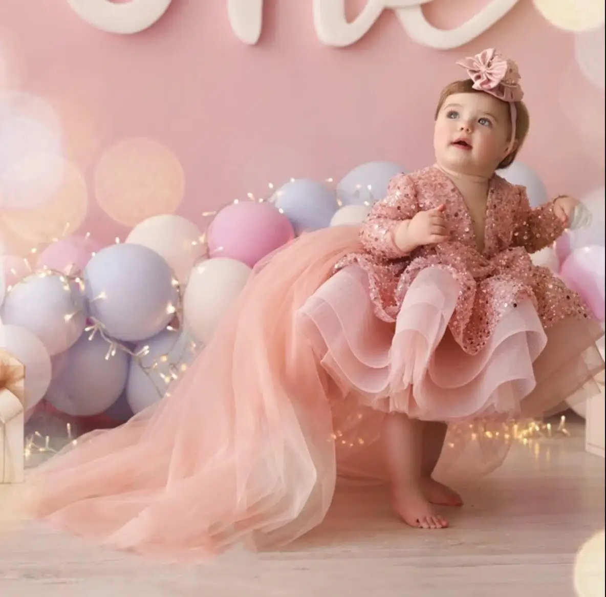 Vestido de baile rosa con lentejuelas para niña, vestidos de flores con cuello de tirantes, vestido de fiesta de cumpleaños para niños, disfraces de fotografía personalizados