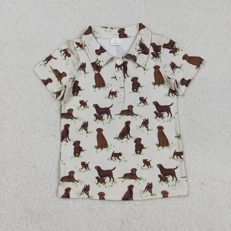

X12.30 BT1299 Baby Boy Summer Shirts Beige Button-Down Short-Sleeve Top with Puppy and Grass Design