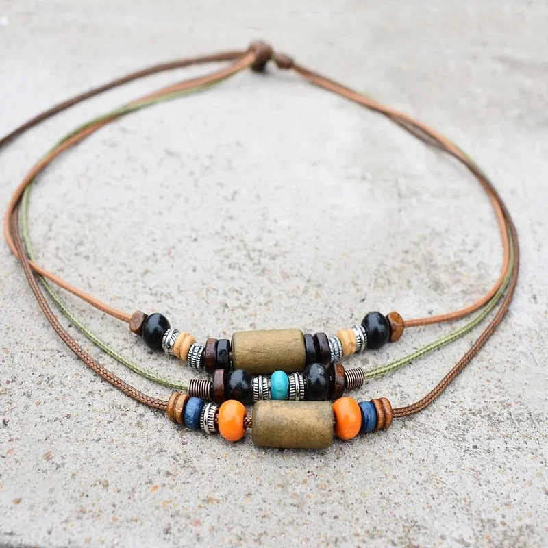 Vintage Wood Beads Pendant Necklaces Boho Ethnic Style Multi-layer Necklaces Adjustable Wax Rope Chain for Women Gifts