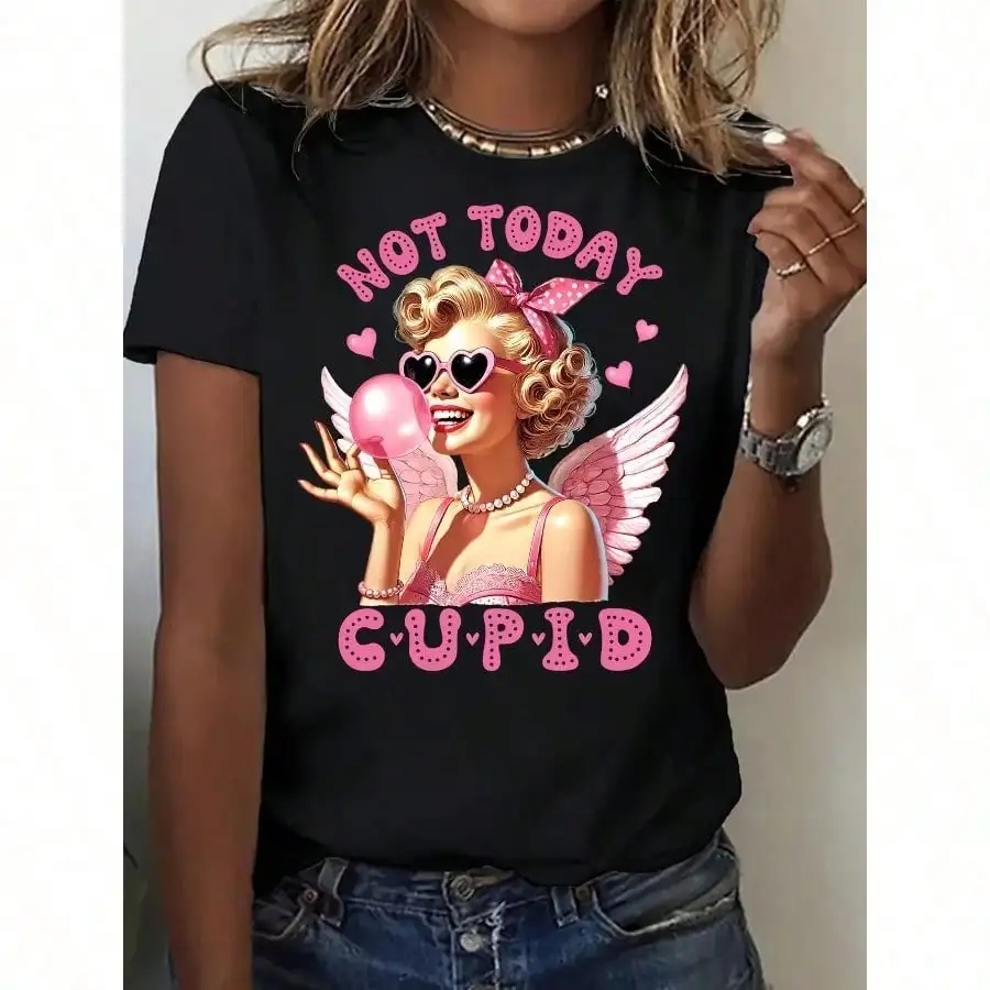 ไม่วันนี้กามเทพเสื้อยืดลําลองผู้หญิงวันวาเลนไทน์ นุ่มและระบายอากาศได้ดี ดีไซน์ทุกฤดูกาลที่สะดวกสบายพร้อมการพิมพ์ที่สร้างสรรค์