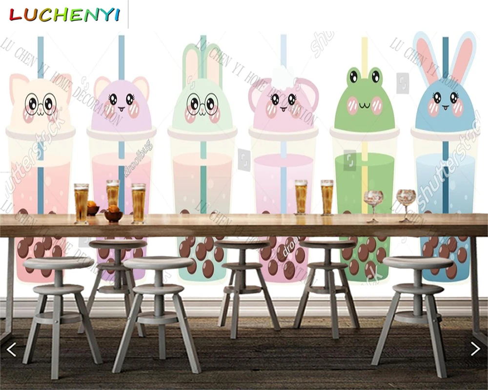 Custom cute bubble tea mural wallpaper restaurant cold drinking shop dining room wall papers home decor sticker