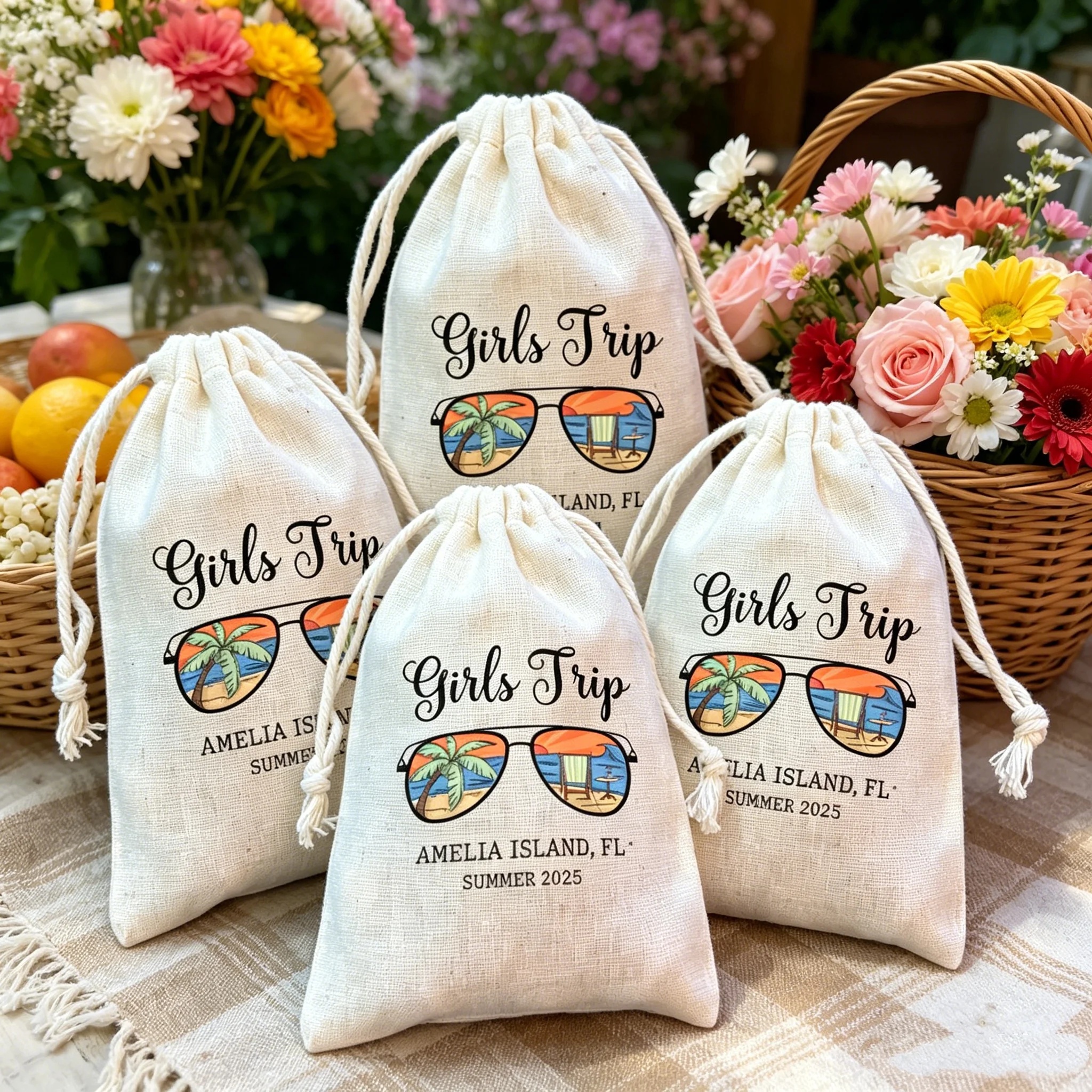 10pcs Custom Printed Palm Beach Sunglasses Girls Trip Gift Pouches Cotton Drawstring Favor Bags Tropical Island Summer Women Wee